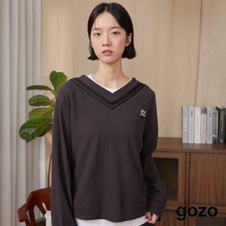 【gozo】gozo三次方華夫格學院風長袖上衣(深灰/米白_F) | 女裝 V領 百搭