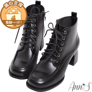 Ann’S防潑水材質-卡嫚 立體縫線綁帶圓頭粗跟短靴5.5cm-黑