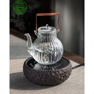 紅芳庭【菊瓣玻璃提樑壺】臺北現貨 復古銅把玻璃壺 可直火燒水 燒水壺 耐高溫提樑壺 純手工壺 泡茶壺 煮茶壺 菊辦條紋壺
