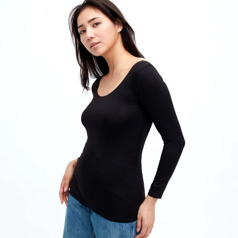 <現貨> 日本 Uniqlo 女裝 HEATTECH U領T恤(8分袖) 發熱衣 白色 黑色 淺灰 灰色 吸濕排汗