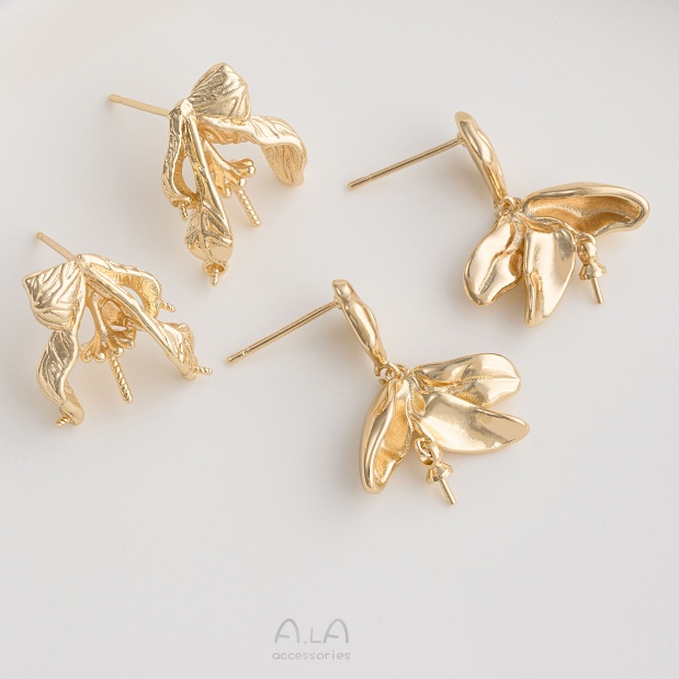 宏雲Hongyun-Ala- 保色14K包金設計感樹枝樹葉帶珠托耳釘925銀針diy粘珍珠耳飾配件