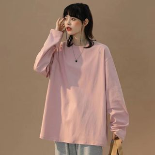 重磅 寬鬆 大碼 上衣 高雅溫柔暗粉色200g純棉長袖t恤女秋寬松厚實不透基礎款上衣 長袖上衣 長袖T恤 上衣 情侶裝