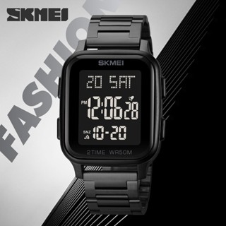 臺灣 SKMEI/時刻美1859 新款鬧鈴男士腕錶 經典方盤鋼帶錶 時尚多功能防水夜光戶外學生電子錶 男錶