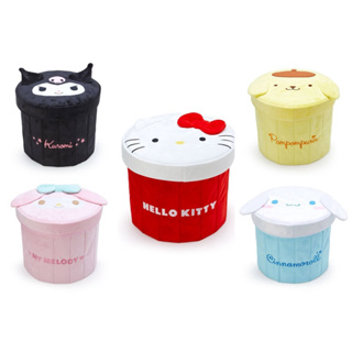 日本進口 Hello Kitty 美樂蒂 酷洛米 大耳狗 絨毛圓筒收納箱附蓋 圓形收納箱附蓋 可折疊收納盒 折疊玩具箱