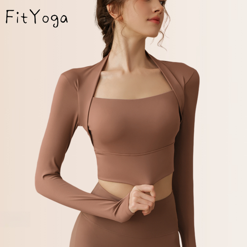 台北出貨（B1-B2）FitYoga 瑜伽服含胸墊 秋冬女假兩件跑步瑜伽健身上衣網紅緊身運動長袖
