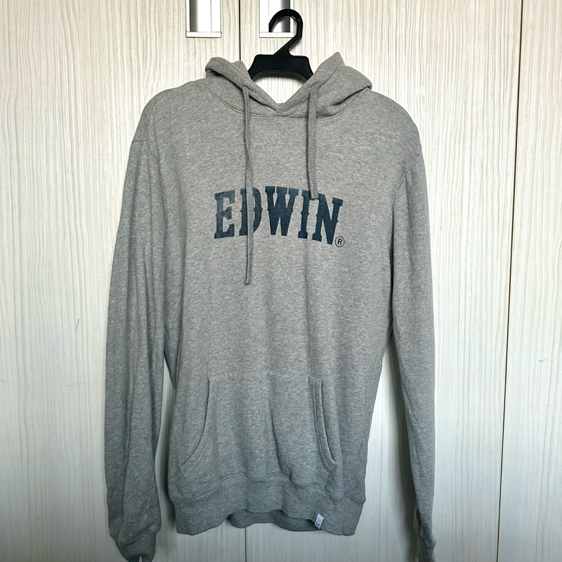 EDWIN/牛仔紋LOGO/厚連帽T/刷毛/灰色/女版