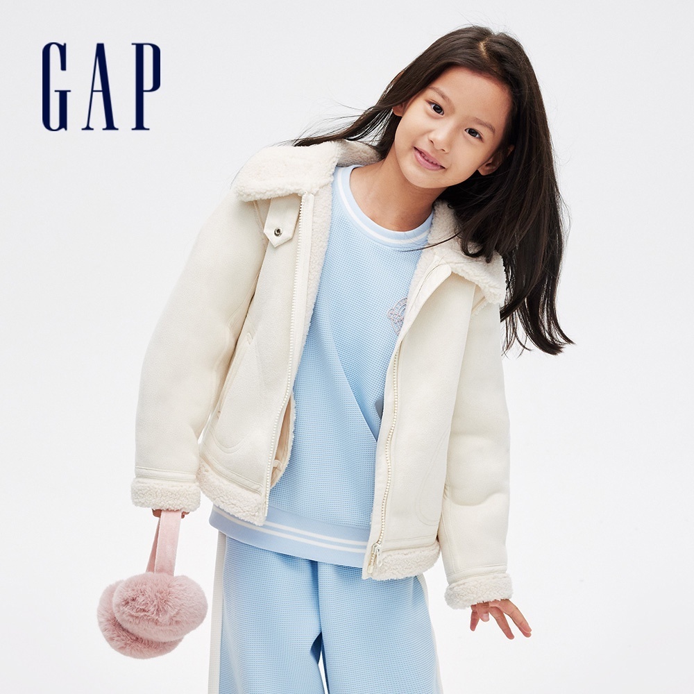 Gap 女童裝 仿羊羔絨翻領外套-象牙白(837390)