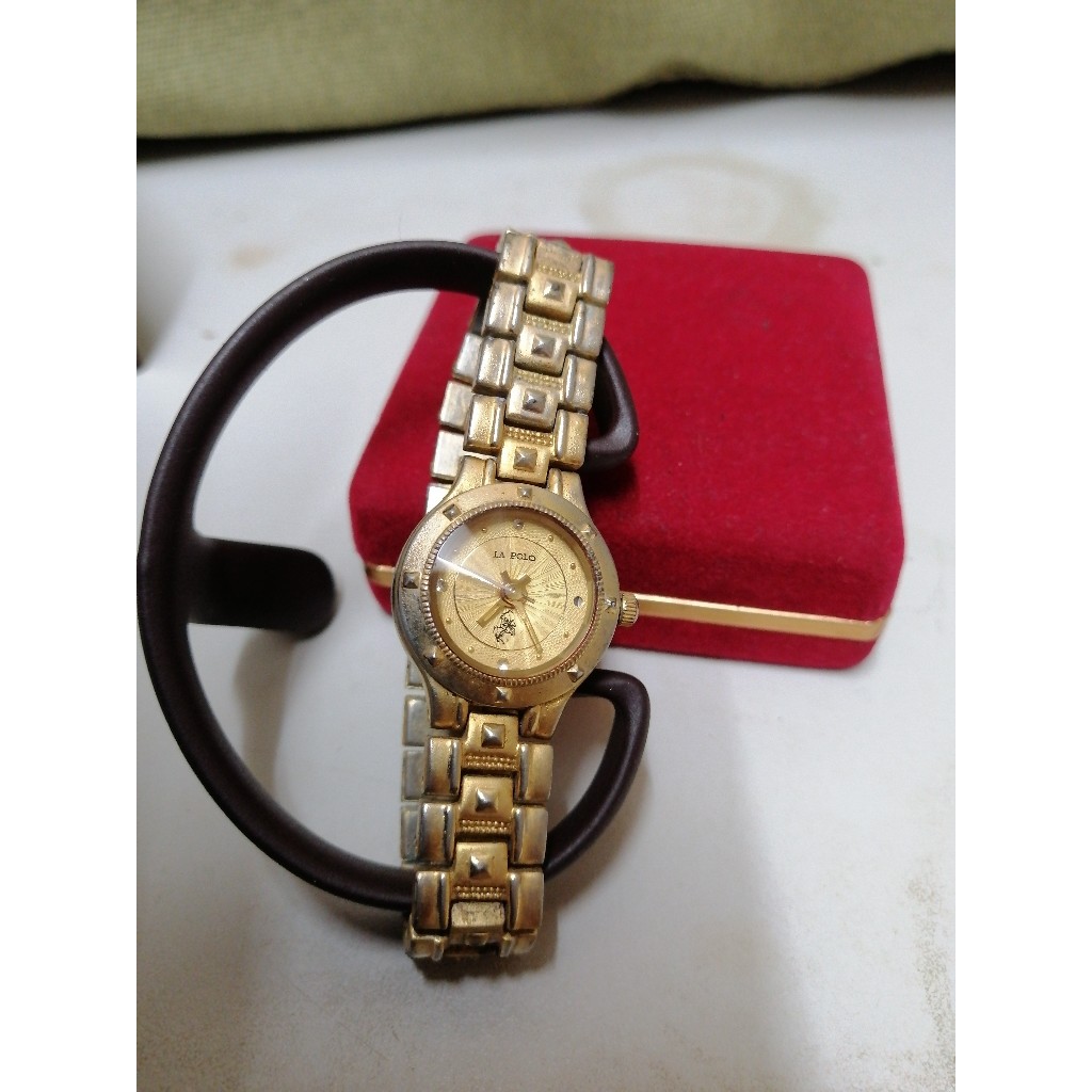 早期POLO女金錶/型號6072/經典鍍金款式/收藏古董老錶/石英錶/錐形多菱面玻璃鏡面