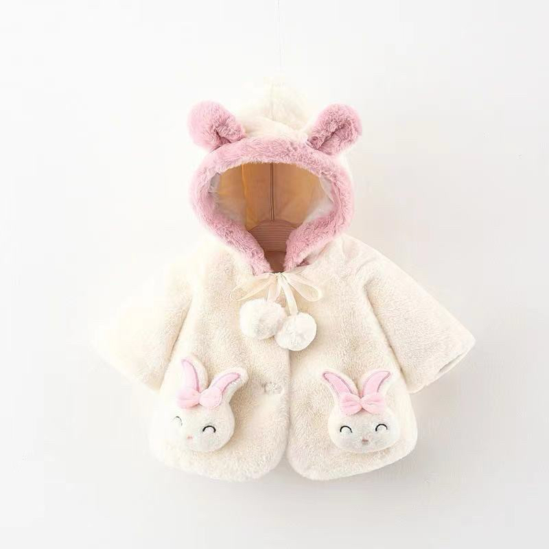 【台灣出貨】0-3 歲女孩披肩粉紅色可愛兔子口袋嬰兒毛絨連帽大衣