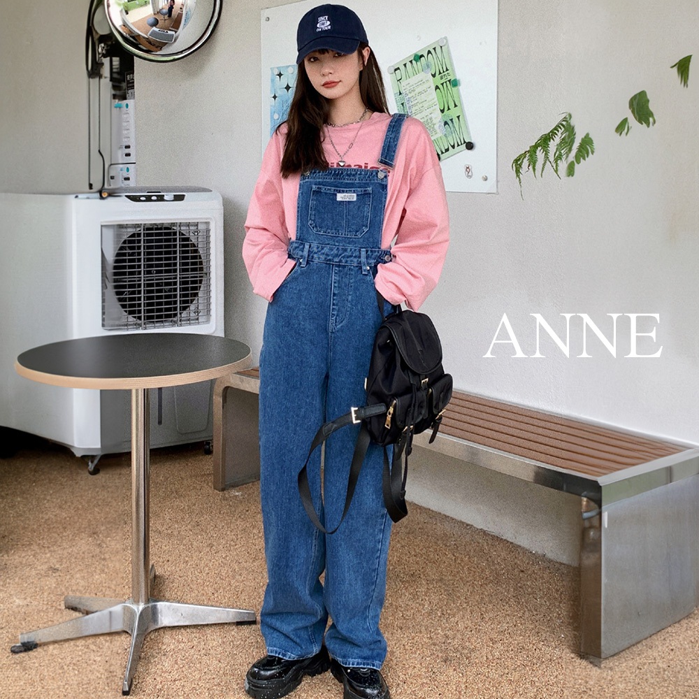 ANNE｜牛仔吊帶褲 牛仔背帶褲【a0049】鹽系闊腿 吊帶牛仔褲 牛仔褲 減齡 韓版 寬鬆酷 吊帶連體褲