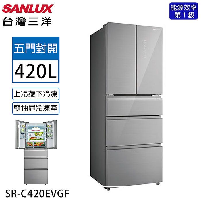 【SANLUX台灣三洋】SR-C420EVGF 420公升 五門雙抽屜 冷凍變頻電冰箱