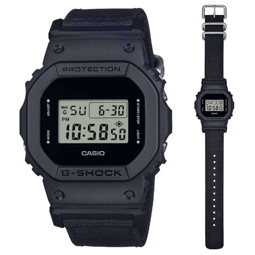 CASIO 卡西歐(DW-5600BCE-1) G-SHOCK 實用街頭風格 時尚全黑尼龍錶帶方形電子錶