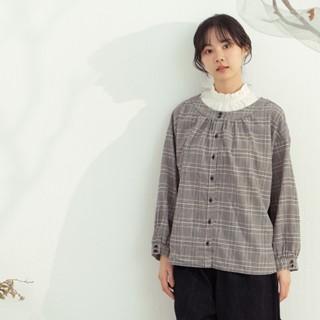 【MOSS CLUB】日本布格子圓領微抽皺長袖上衣 黑 咖