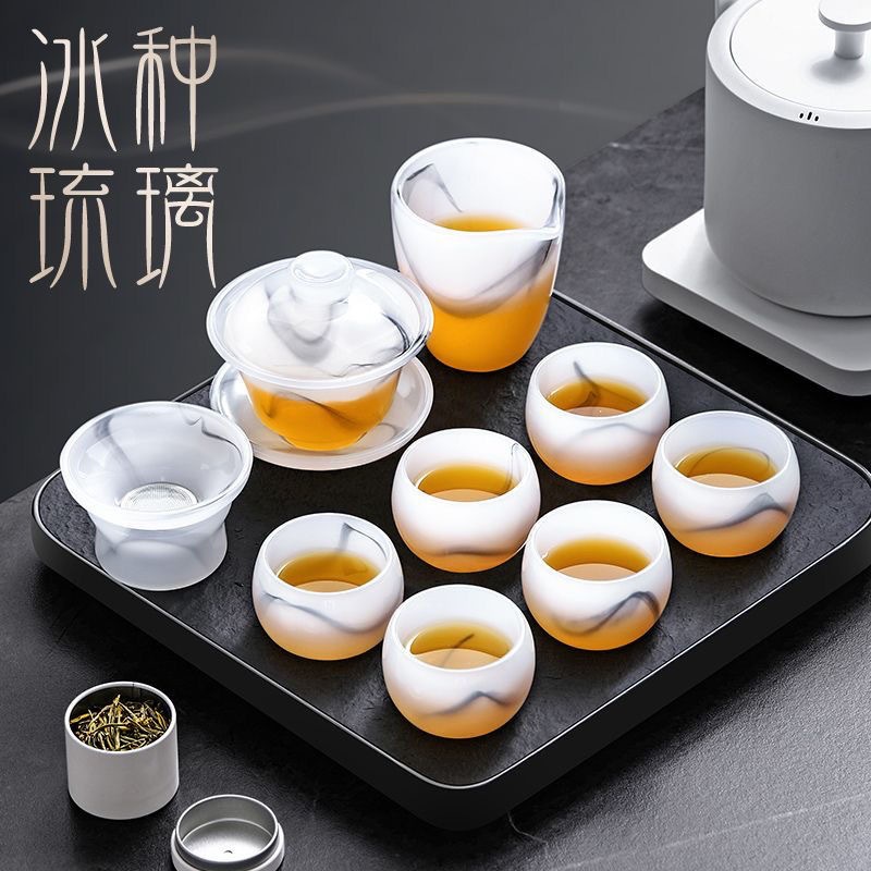 【台灣出貨/免運】琉璃玉瓷整套茶具 茶杯蓋碗白玉水墨杯 公道杯茶漏 茶杯 功夫泡茶壺 泡茶組 茶具組 功夫茶具 禮盒套裝