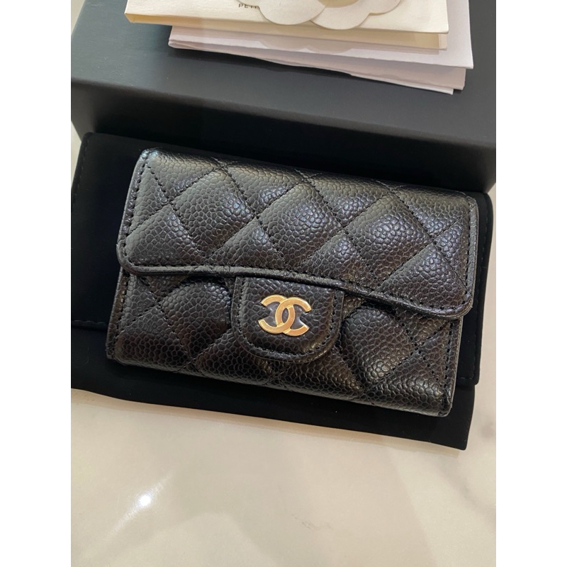 Chanel 香奈兒 經典 黑色 荔枝牛皮 金釦  單層卡包 卡夾 零錢包 皮包