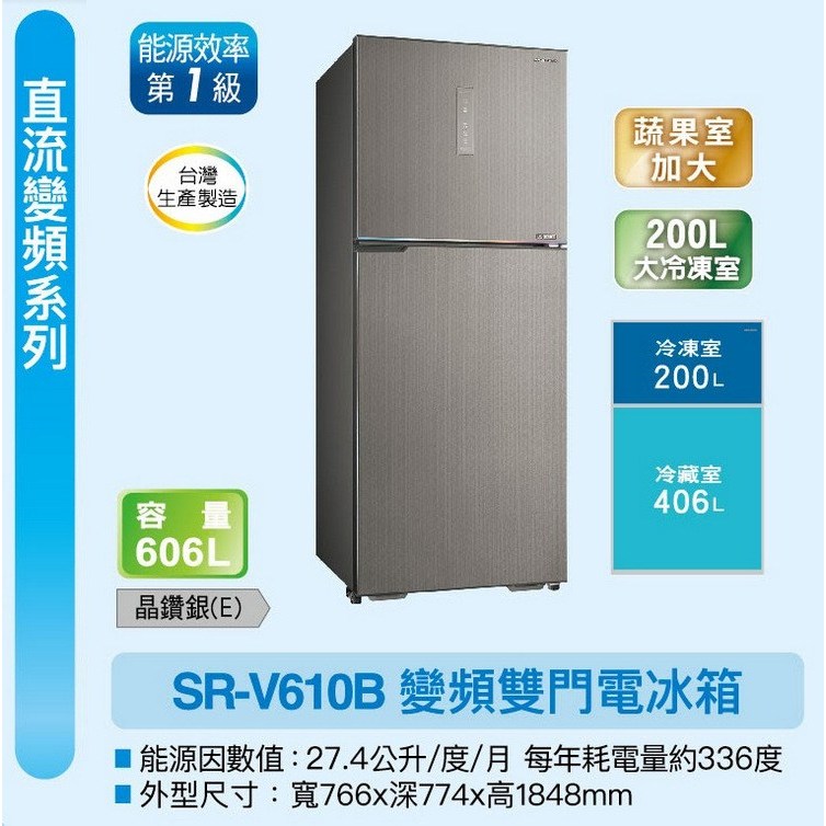 SR-V610B【SANLUX台灣三洋】606公升 雙門變頻冰箱