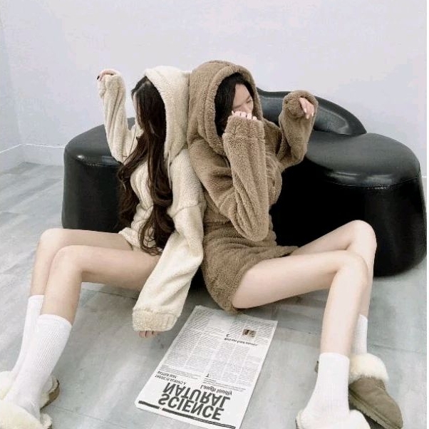 💗現貨杏/咖💗32637-可可愛愛熊寶寶套裝熊寶寶縮腰連帽外套上衣+熊寶寶短裙褲裙兩件式套裝