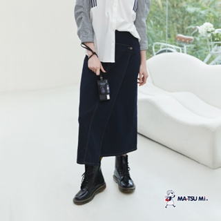 MA‧TSU Mi 不對稱褲頭造型前開岔牛仔長裙(深藍)