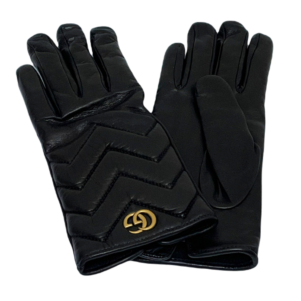 【鋇拉國際】GUCCI 經典GG Marmont系列V形花纹皮革 黑色手套 全新正品 歐洲代購 義大利正品