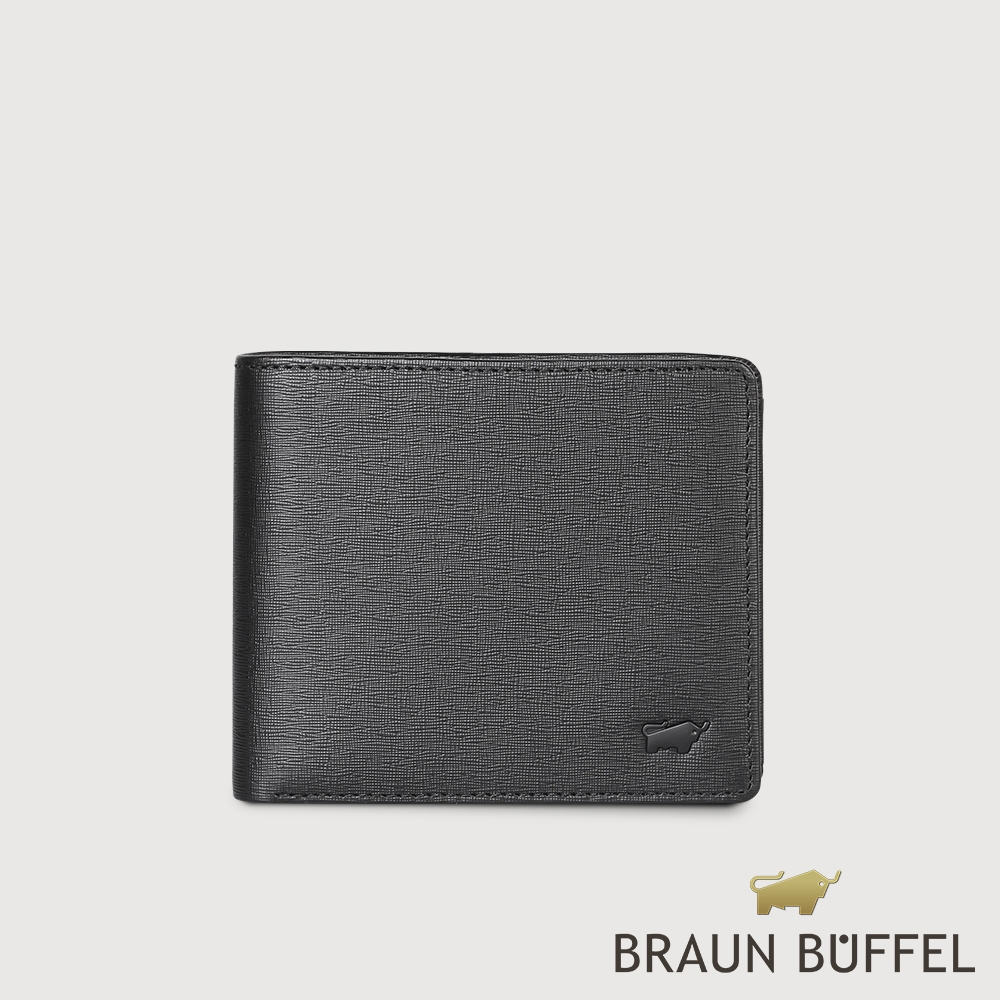 【BRAUN BUFFEL 德國小金牛】台灣總代理 羅格-A系列8卡中間翻零錢袋短夾/BF538-318-BK