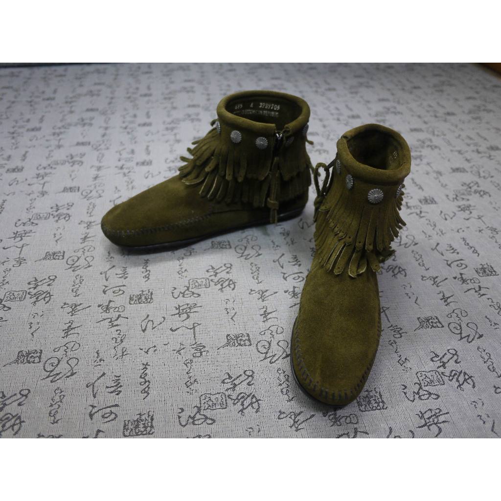 美國 Minne Tonka 麂皮流蘇拉鍊短靴 莫卡辛靴 (墨綠) USA 6 EUR 36 JPN 23 CM