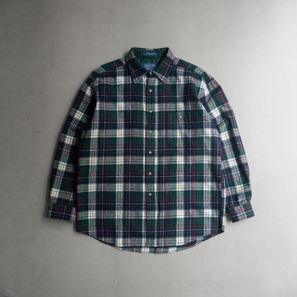 《白木11》 90S PENDLETON WOOL TRIAL SHIRT 美國製 藍綠色 格紋 羊毛 長袖 襯衫