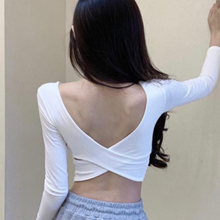 ᴅᴏɴᴛ sʟᴇᴇᴘ🧚🏻‍♀️帶胸墊🏷 歐美大牌性感後背交叉鏤空短版上衣 露背裝 加厚一體胸墊 白色不會透