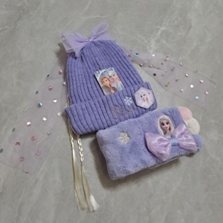 冰雪奇緣Elsa艾莎公主造型蝴蝶結毛帽圍巾 夢幻紫色套組💜