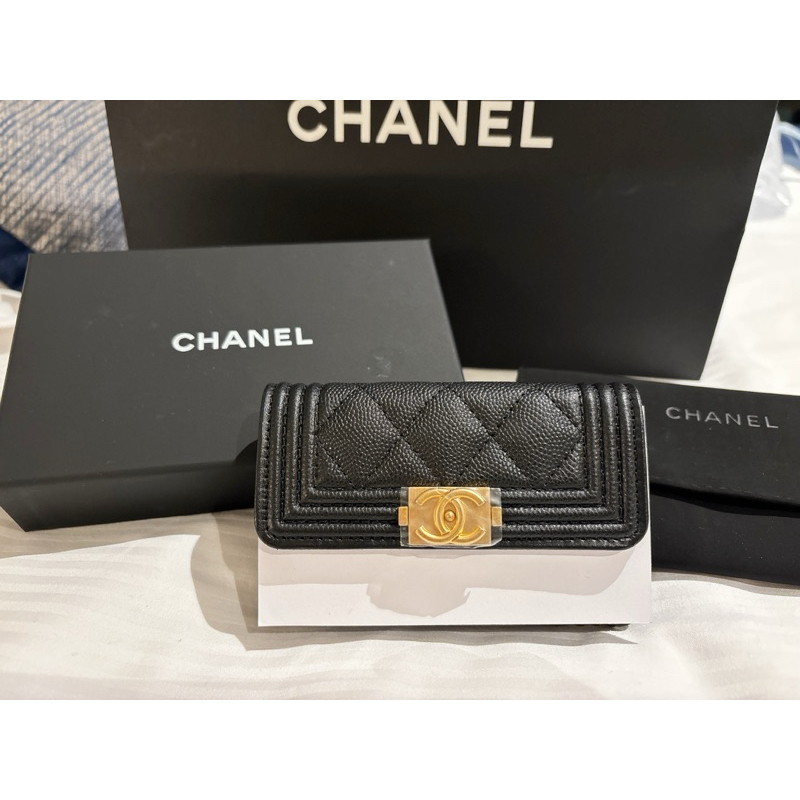 全新 正品 Chanel boy 經典 牛皮 卡夾 零錢包 （黑色）