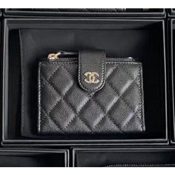 【台灣現貨】Chanel 香奈兒 黑金荔枝皮CF雙層拉鏈零錢卡包 卡夾 錢包