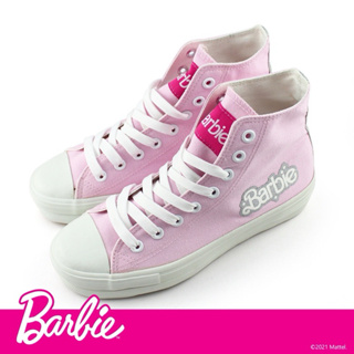 全新～Barbie芭比經典logo閃耀高筒帆布鞋-甜心粉