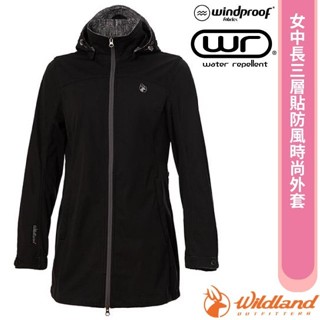 【荒野 WildLand】女 款中長三層貼防風防潑時尚外套 戶外休閒連帽大衣 長版機車風衣_黑_0A72911