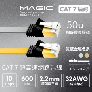 MAGIC CAT7 FTP 10G 超高速網路扁線 折不斷水晶頭 RJ45鍍金接頭 光纖 網路扁線 1.5~20公尺