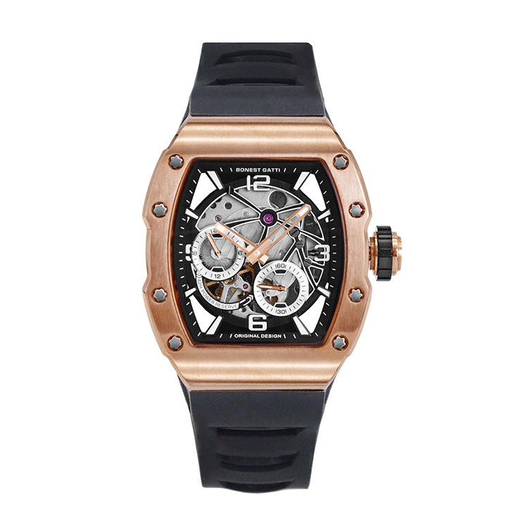 BONEST GATTI | 原廠授權布加迪 登峰魅影系列 黯金款 酒桶造型 氟橡膠錶帶 自動上鍊機械腕錶