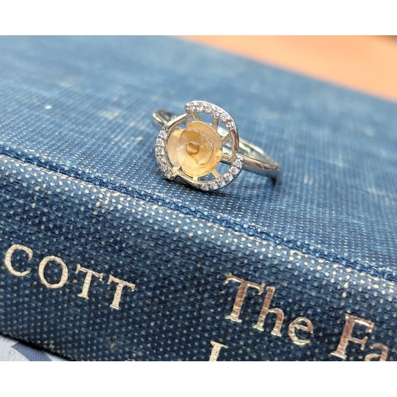 特價秒! 英國帶回英國Harrods天然黃水晶立體925純銀手工雕刻花朵葉子優雅戒指