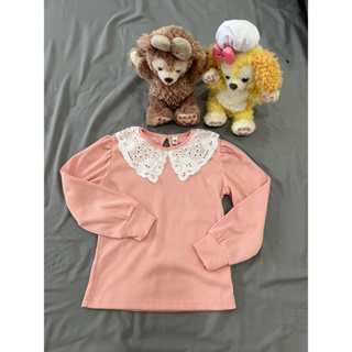 可愛甜美氣質女童粉橘色蕾絲拼接長袖上衣（銷售商品不含娃娃）