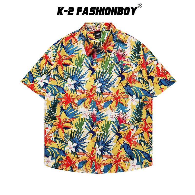 【K-2】夏威夷 彩繪花卉 短袖 花襯衫 夏天 海邊 沙灘 短袖襯衫 襯衫 鮮豔 渡假襯衫 K2【HLONG126】