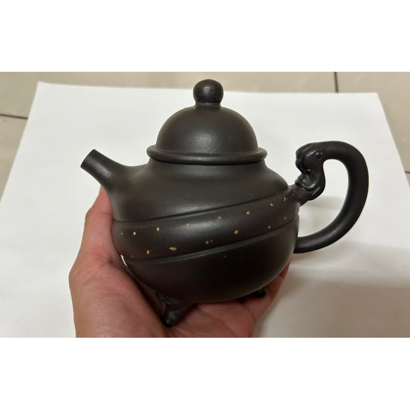 古董收藏-老紫砂黑鐵砂三足茶壺
