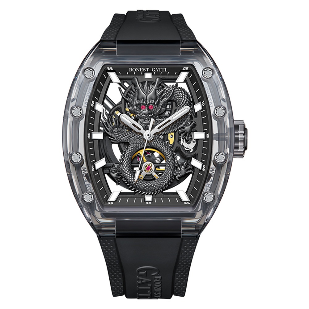 BONEST GATTI | 原廠授權布加迪 晶鑽祥龍 黑龍款 氟橡膠錶帶 自動上鍊機械腕錶