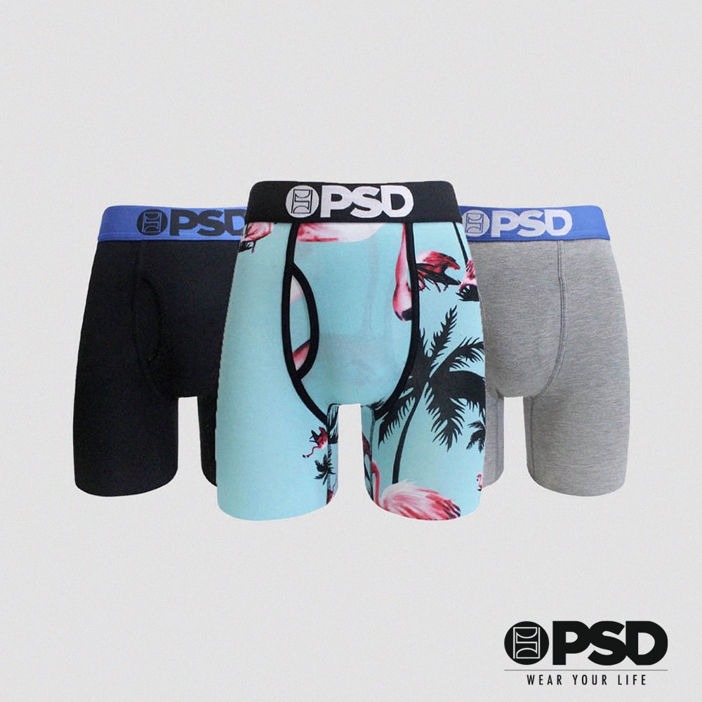 【PSD Underwear】官方直營 美國潮流 3件組- 平口褲四角褲內褲-火紅鶴-黑藍灰 男性