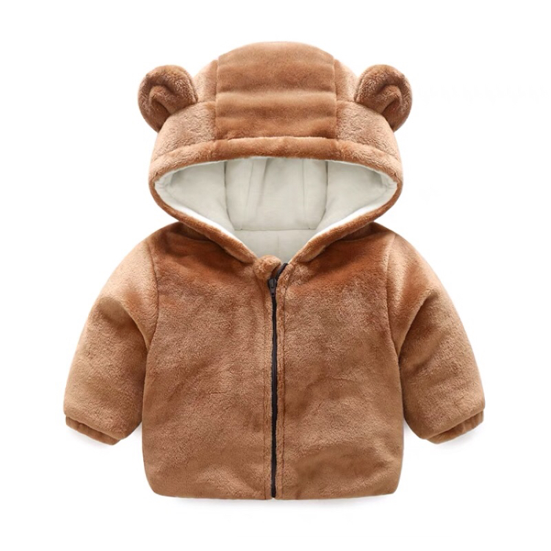 秋冬款厚實素色熊熊泰迪熊法蘭絨連帽鋪棉夾棉外套 男寶寶女寶寶 嬰兒外套 0歲1歲2歲