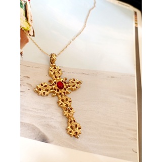vintage jewelry AVON 蛋面紅琉璃雕花十字架 項鍊 1800元