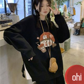 【ohi】長袖上衣 寬鬆大學T 圓領小女孩卡通印花上衣 加絨長袖衛衣(GTD191)