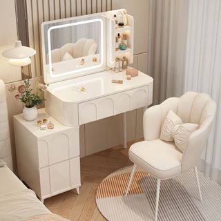 【好康】 奶油風梳妝臺 臥室現代 簡約 小戶型 化妝桌 床頭收納櫃 鏡子 書桌一體
