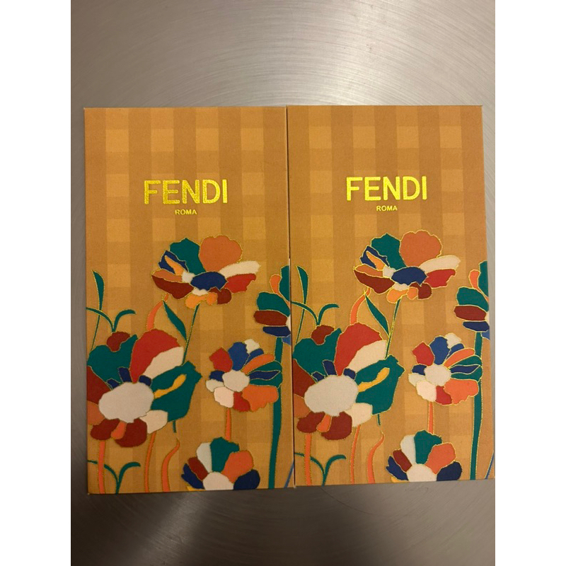 【H2Shop】二手良品 95新 芬迪 FENDI ROMA 長版無摺 紅包袋 絨布材質 花花圖案 奶茶色 VIP 現貨