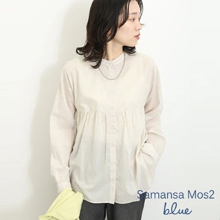 Samansa Mos2 blue 輕棉素材透明感縮褶襬圓領襯衫(FG41L0A0680)