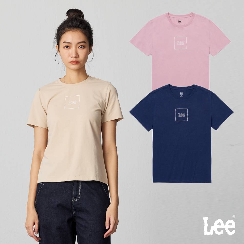 Lee 方框小LOGO短袖T恤 女 粉色 深藍 卡其 LB402044
