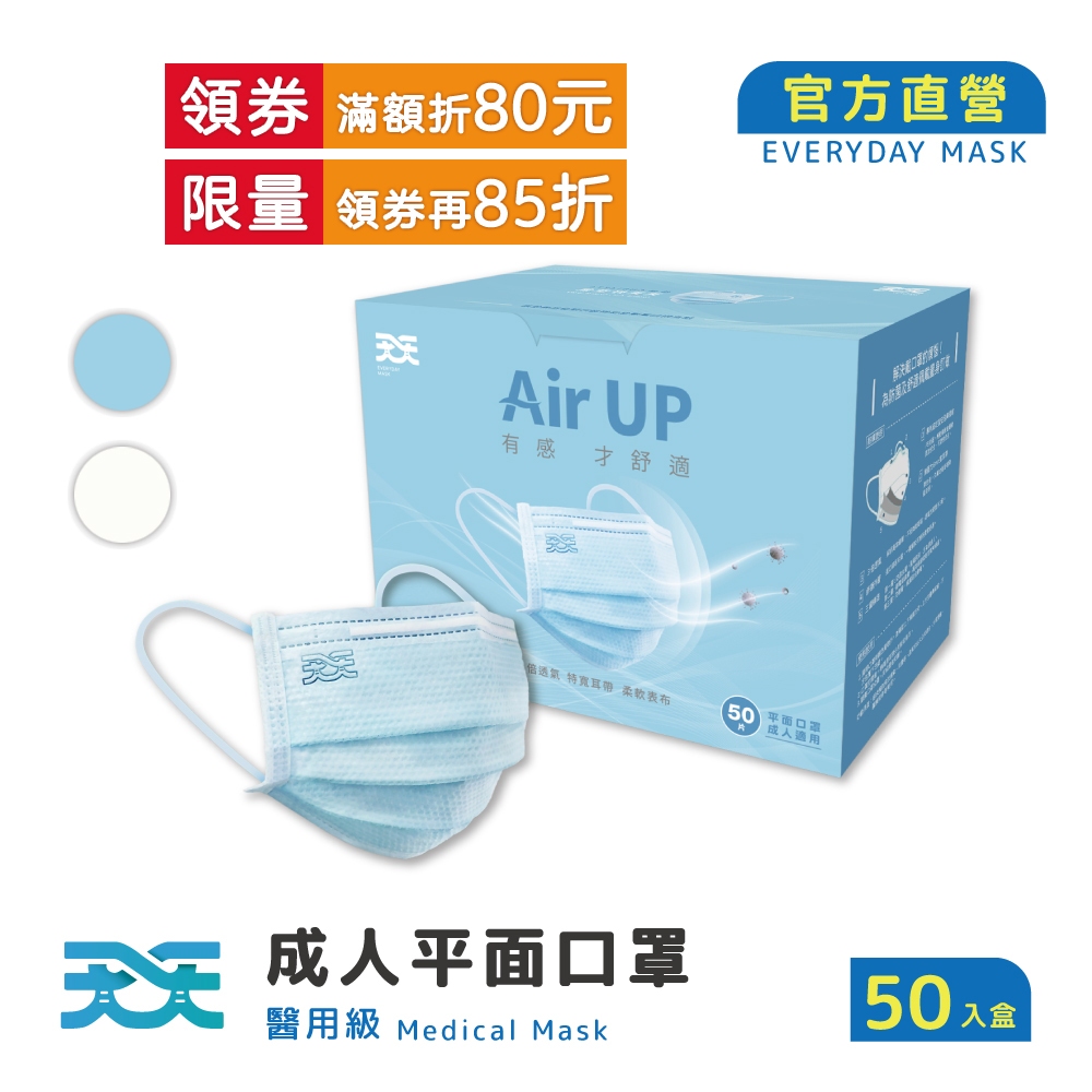 【天天】成人平面醫用口罩 藍色/白色 (50入/盒)