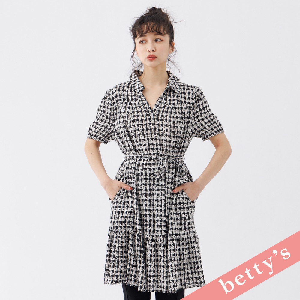 betty’s貝蒂思(31)百變格紋半開襟壓褶短洋裝(黑格子)