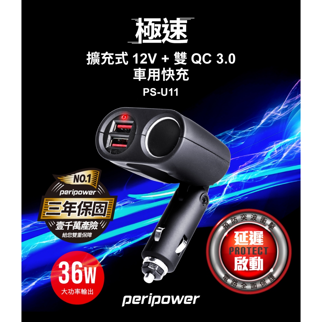 台灣現貨【peripower】PS-U11 極速擴充式 12V + 雙QC 3.0 車用快充 BSMI認證 USB車充